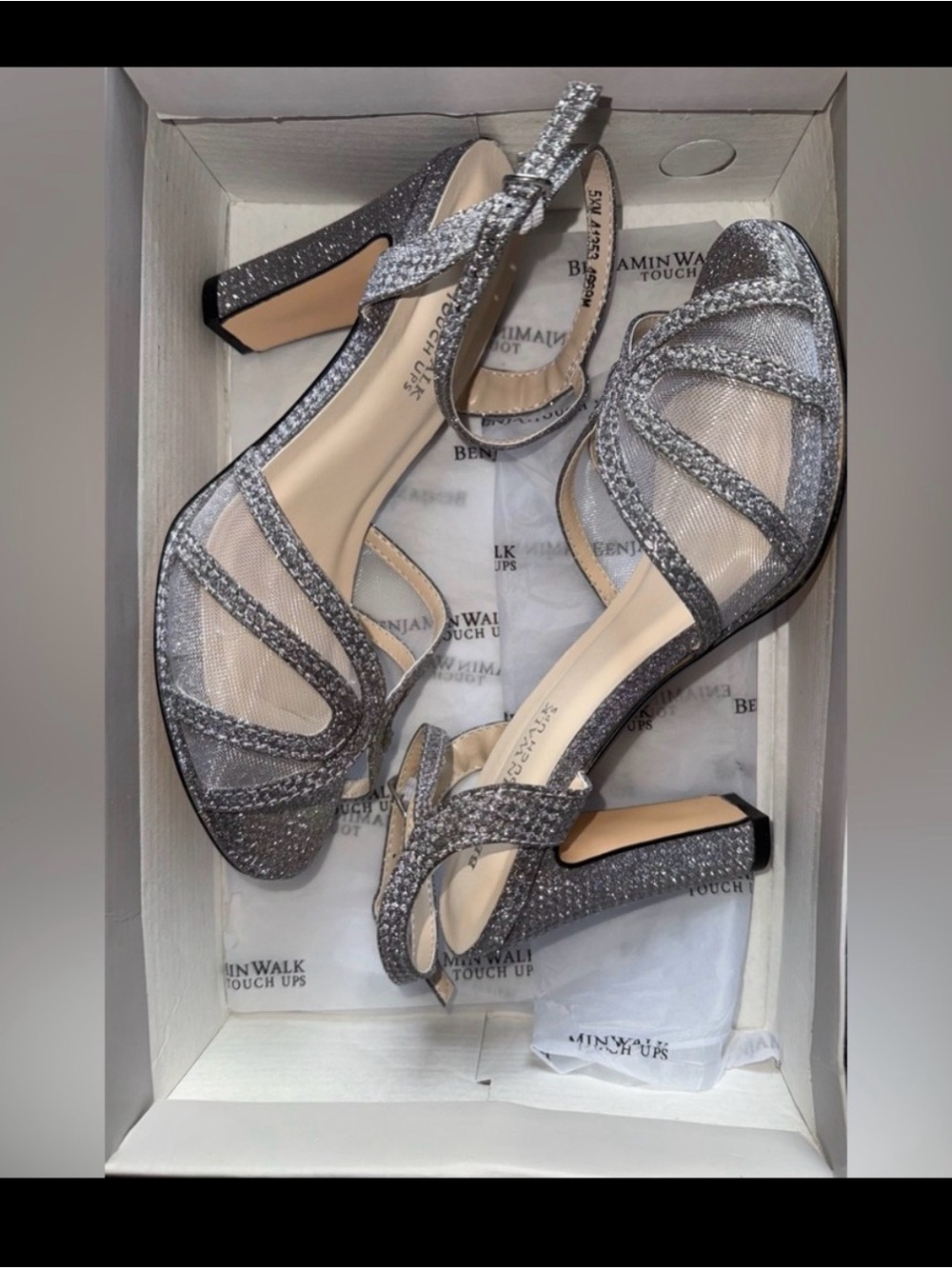 Benjamin Walk Silver Glitter Strappy Block Heel Sandals